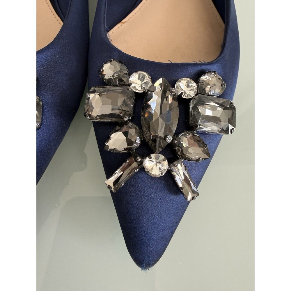 ✿ ZARA WOMAN Navy Satin Flats Pointed Toe Crystal Embellished EU 36 US 6